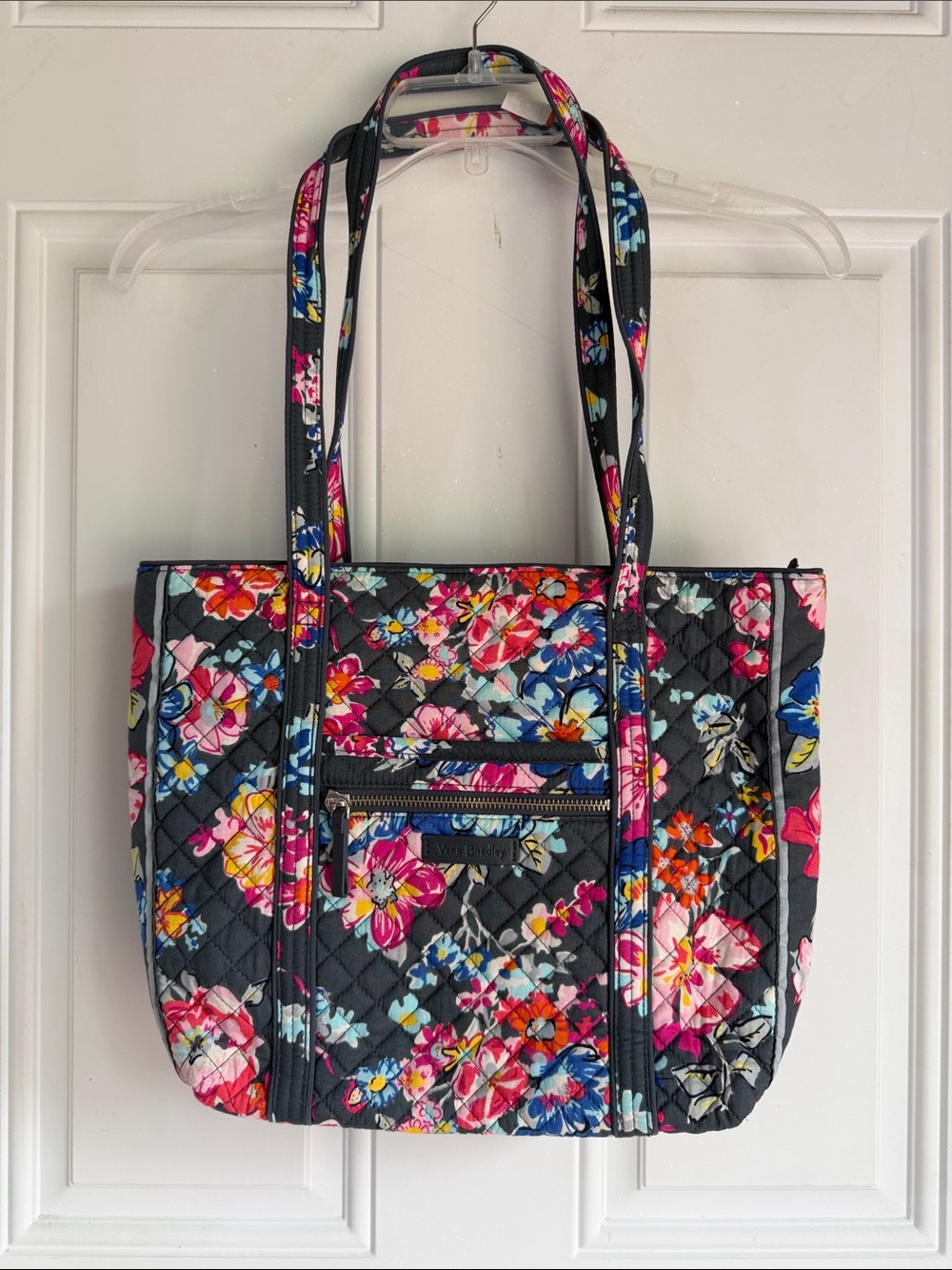 Vera Bradley Gray Quilted Tote with Pink, Blue & Orange Floral Print